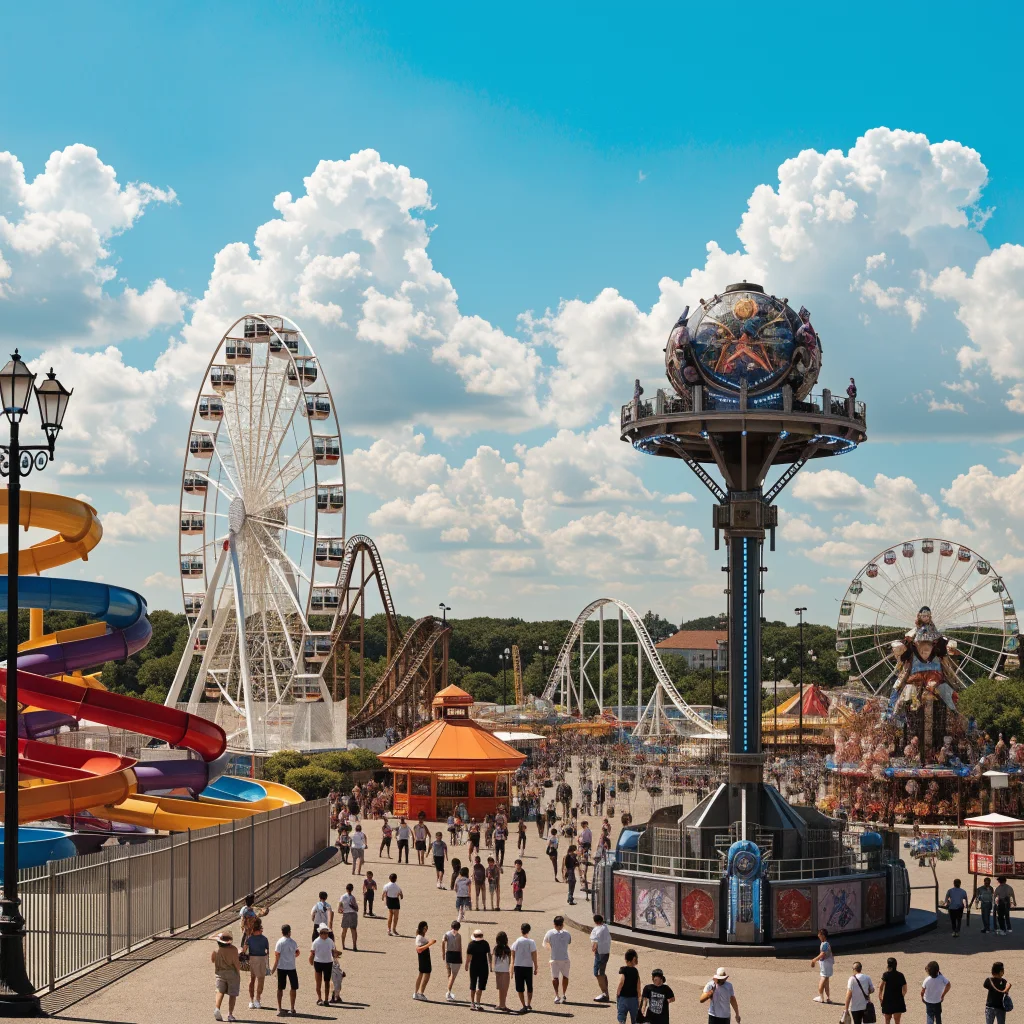 A panoramic photo of a vibrant amusement park with colorful rides, featuring characters from Honkai Star Rail and Fate Stay Night in themed costumes.