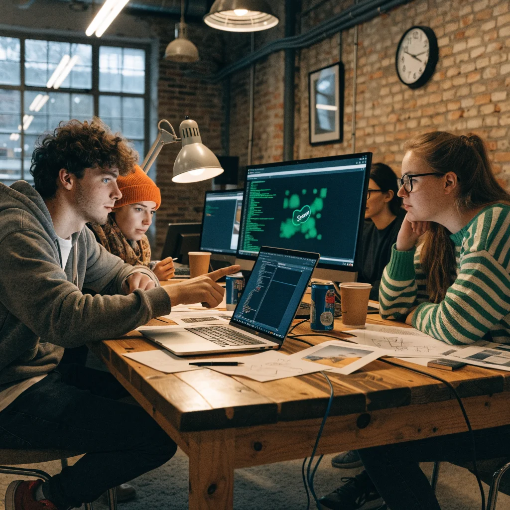 A realistic photo of a small indie Swedish game studio team collaborating on coop fishing game development for Steam players.