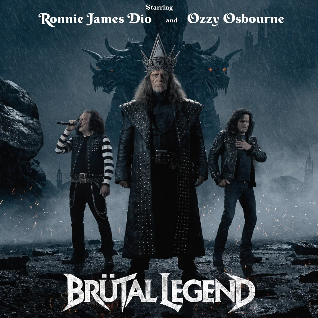 Realistic photo of Tim Curry voicing Doviculus in the heavy metal video game Brütal Legend, featuring cameos by Ronnie James Dio and Ozzy Osbourne.
