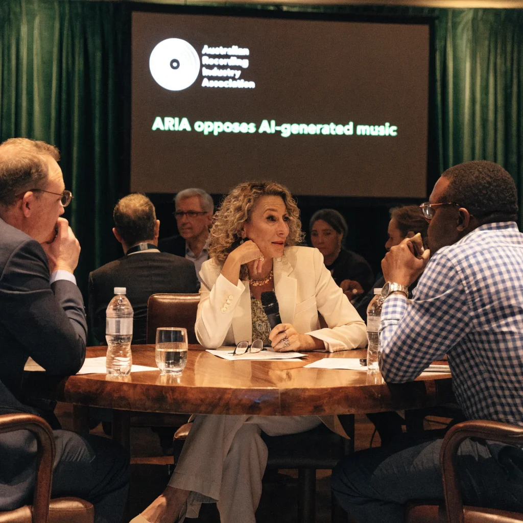 A formal conference room where Annabelle Herd discusses the Australian Recording Industry Association's opposition to AI-generated music with industry leaders.