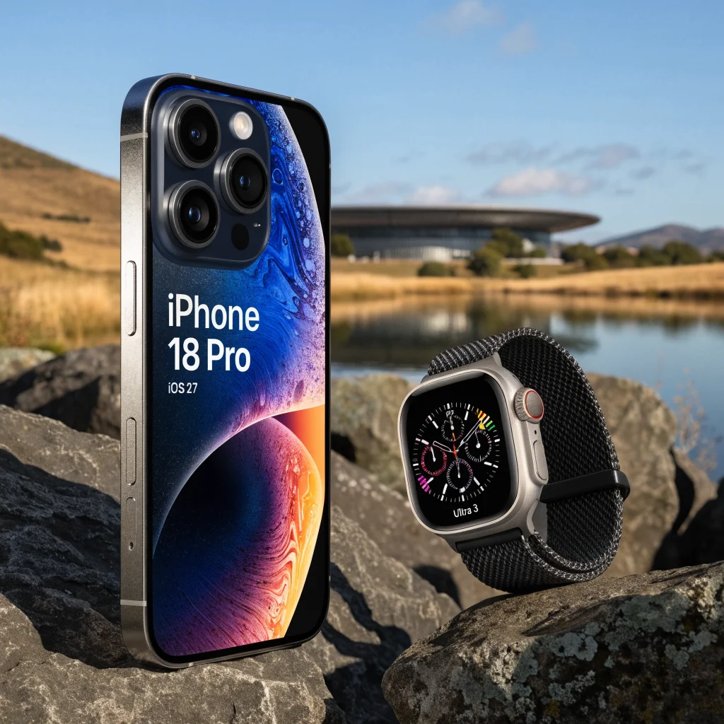 A sleek iPhone 18 Pro displayed prominently at Apple Park Cupertino during the September 9 Apple event, showcasing iOS 27 and the Apple Watch Ultra 3.
