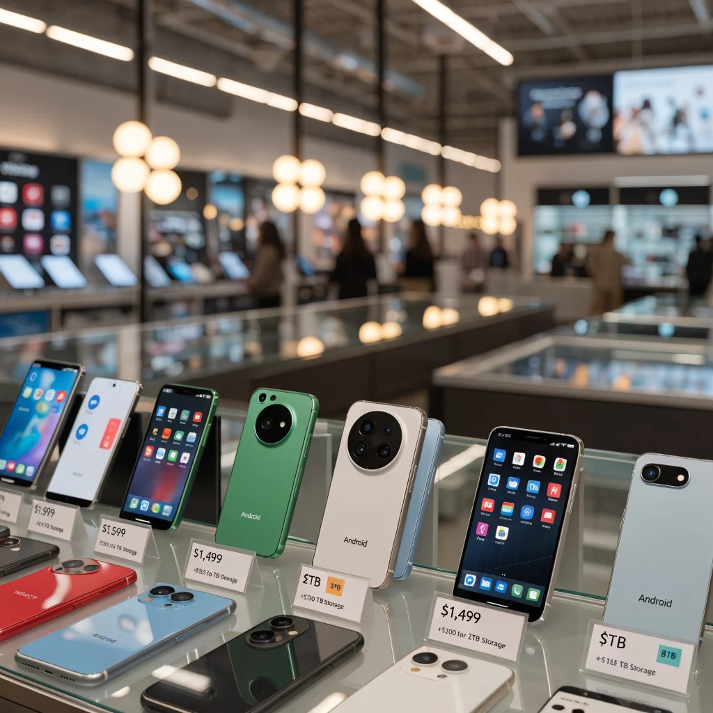A realistic photo of various Android smartphones on display with price tags, highlighting memory capacity and price increases in a 2026 tech retail store.