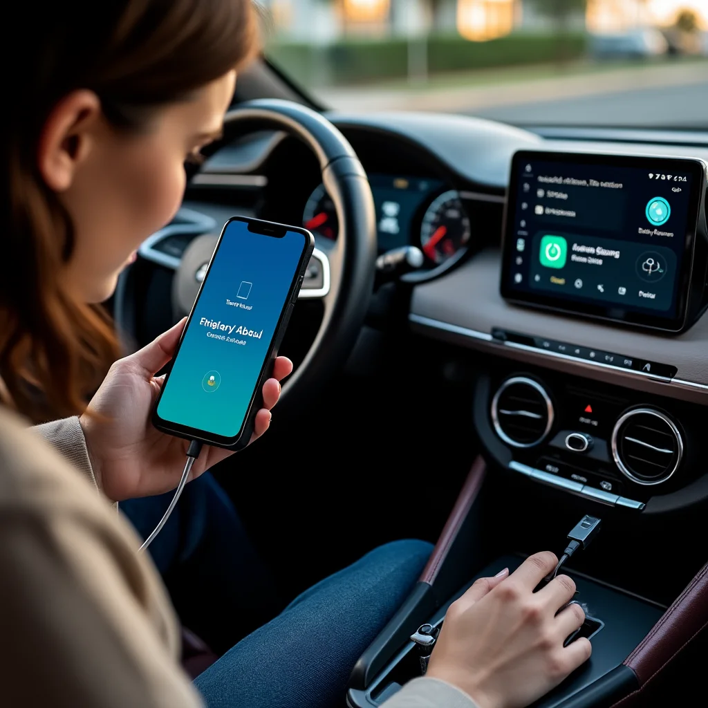 Create a visually appealing and detailed image that represents the essence of the article. Focus on the main keywords: A close-up photo of a smartphone displaying Android Auto 17.4 update screen connected via USB to a car’s head unit showing successful connection on a Pixel 10.. Incorporate elements that align with the article's theme and evoke its intended mood or message. If including a human face, ensure it reflects Western, American, or European features.