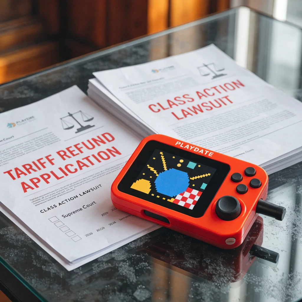 A realistic photo of a Playdate console beside documents about tariff refunds and lawsuits following the 2026 Supreme Court decision on electronic goods tariffs.