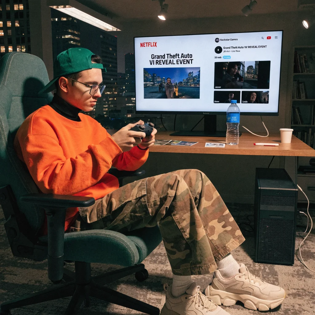 A realistic photo of a gaming setup showing GTA 6 gameplay reveal on Netflix and Rockstar's official YouTube channel with Jason and Lucia cutscenes on the screen.