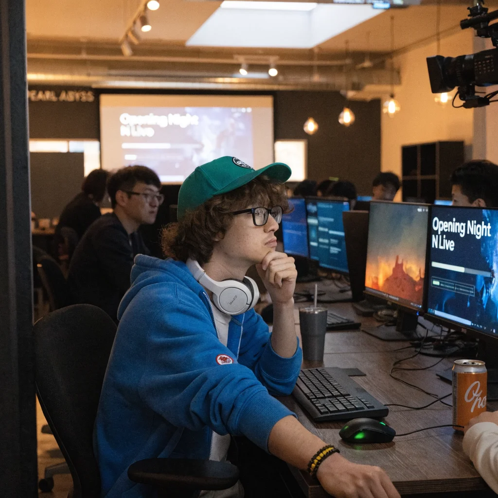 A realistic photo of a gaming studio team at Pearl Abyss working on Crimson Desert DLC during Gamescom Opening Night Live event.