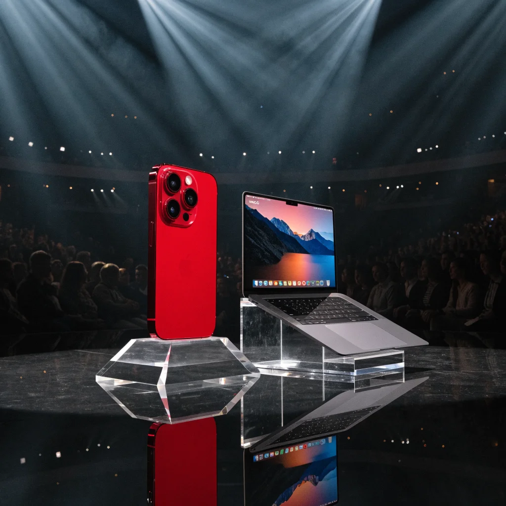 A realistic photo of a red iPhone Ultra next to a MacBook Air running macOS Golden Gate during an Apple product presentation event.