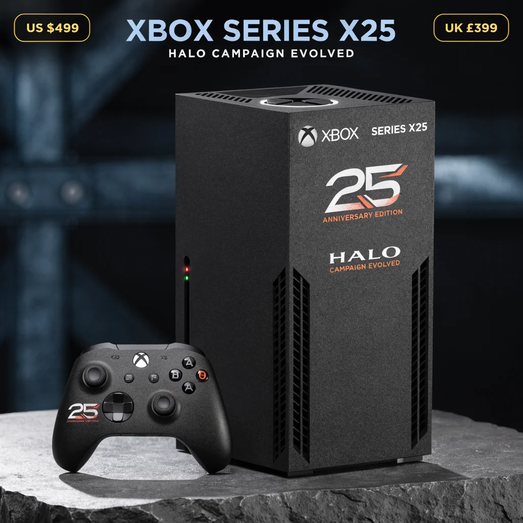 A special edition Xbox Series X25 console and matching controller celebrating the 25th anniversary, displayed with Halo Campaign Evolved branding and US/UK price tags.