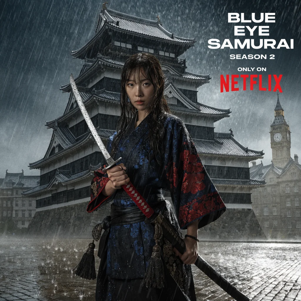 A realistic photo of a samurai woman warrior in Edo period attire standing in front of Edo Castle in London, promoting Blue Eye Samurai season 2 on Netflix.