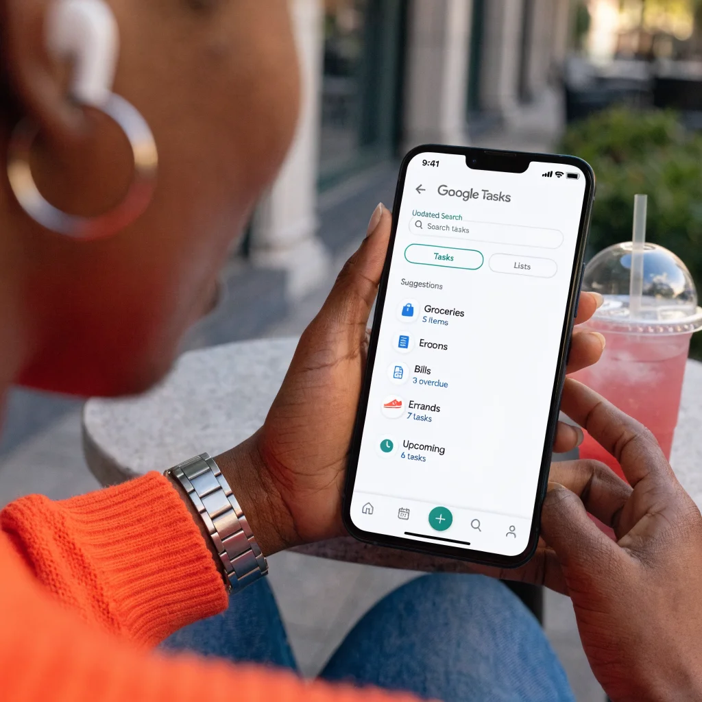 A person using a smartphone to search tasks within the Google Tasks app, displaying updated search functionality on the screen.