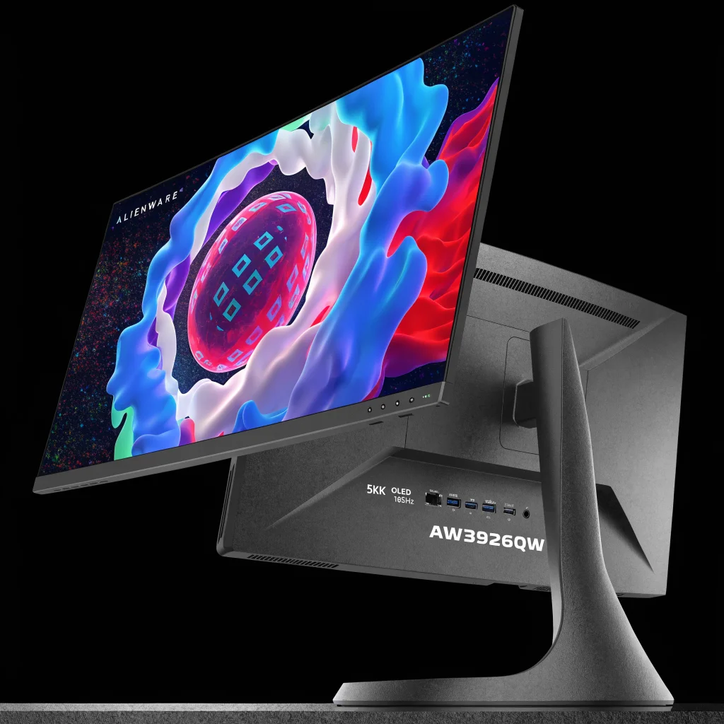 A sleek Alienware AW3926QW 39-inch OLED 5K2K gaming monitor showcasing vibrant colors with 165Hz refresh rate and multiple modern connectivity ports.