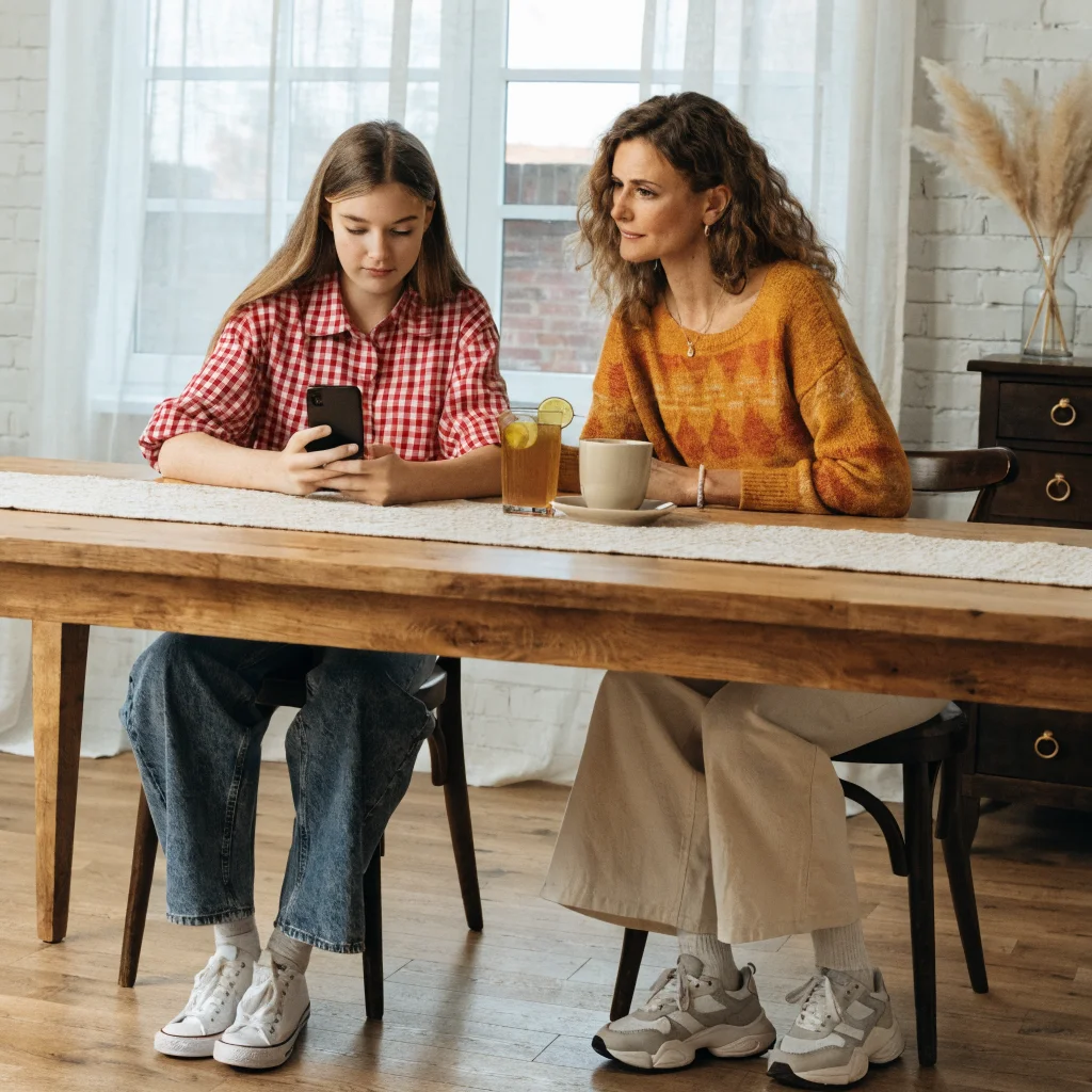 A realistic photo of a teenager using a smartphone with social media apps, while a parent supervises in a modern American home, highlighting online safety measures.