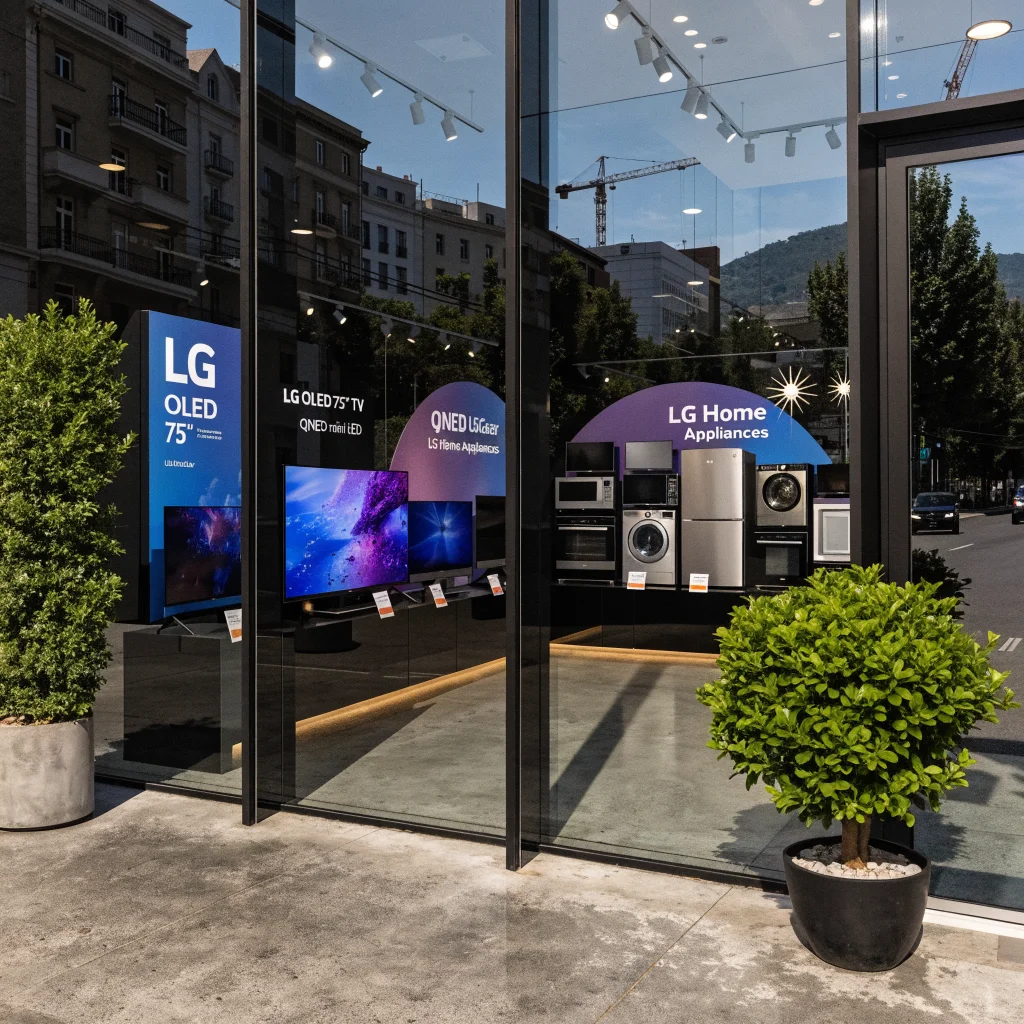 A modern LG electronics store display in Greece showcasing discounted LG OLED TVs, UltraGear monitors, QNED mini LED, and LG home appliances for Labor Day sales.