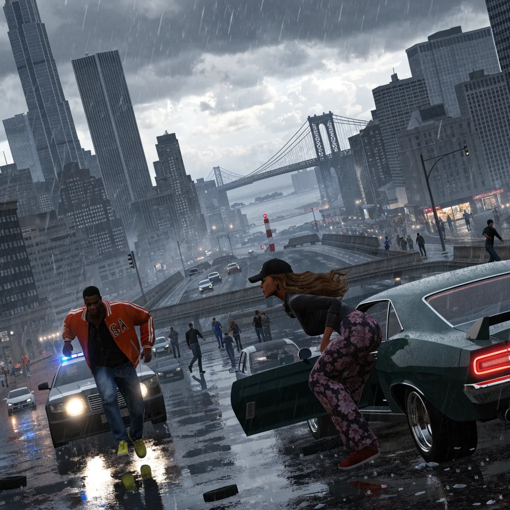 A detailed map of GTA 6 open-world game with characters Jason and Lucia interacting with NPCs, showcasing action scenes inspired by Rockstar North's design.