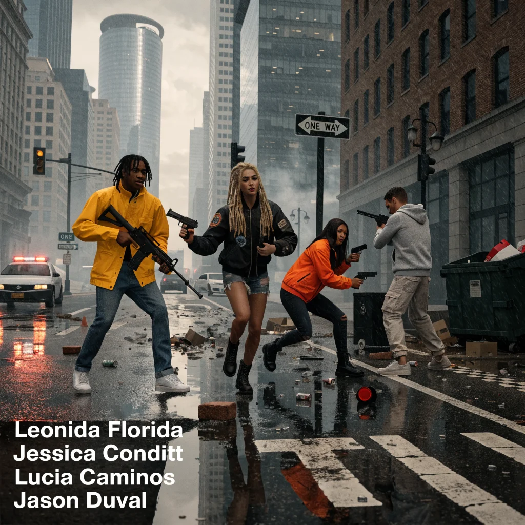 A realistic photo of the new GTA 6 trailer showcasing characters Leonida Florida, Jessica Conditt, Lucia Caminos, and Jason Duval in an urban action scene.