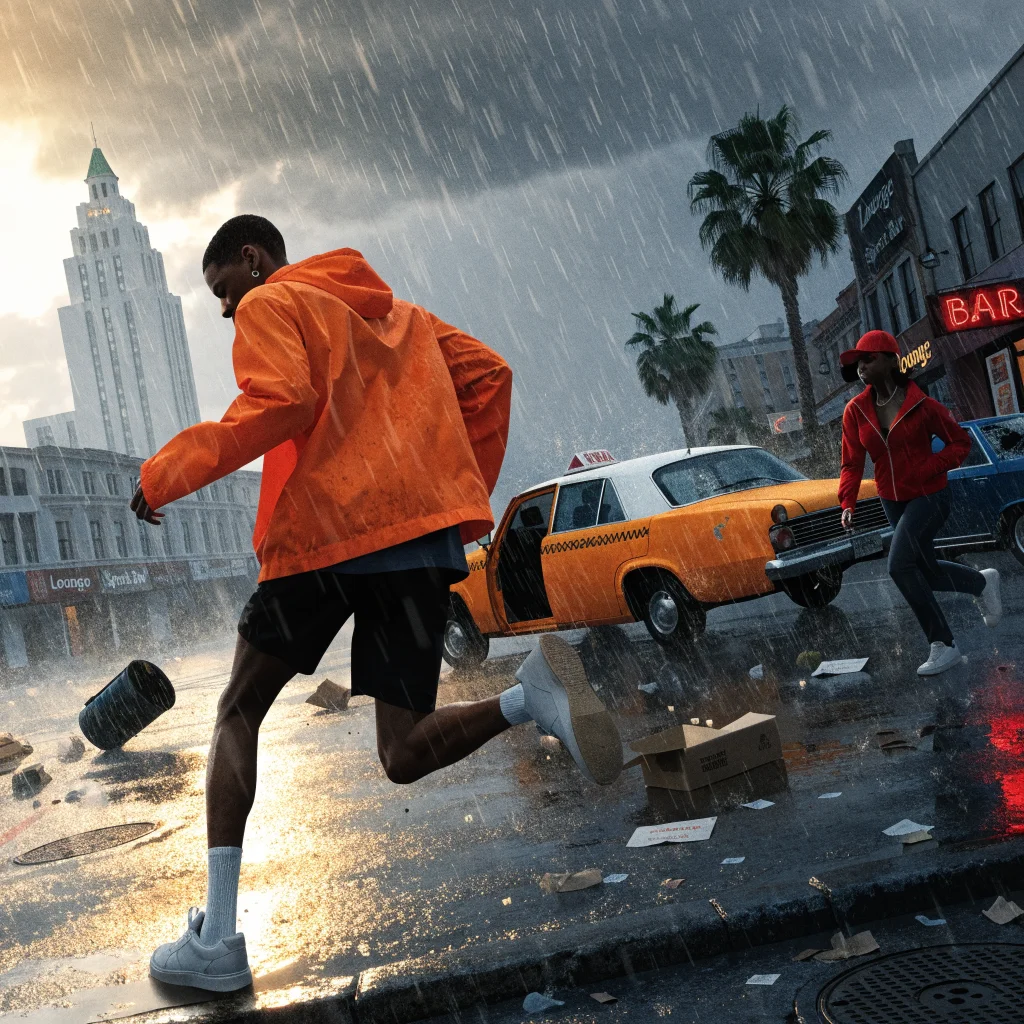 A realistic photo of Vice City in GTA 6 featuring Jason and Lucia in an open world action scene by Rockstar Games.
