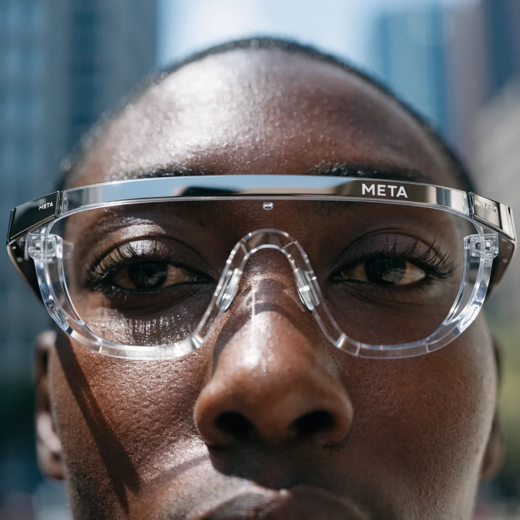 A close-up photo of Meta smart glasses with a discreetly hidden LED recording indicator emphasizing user privacy during secure video recording.