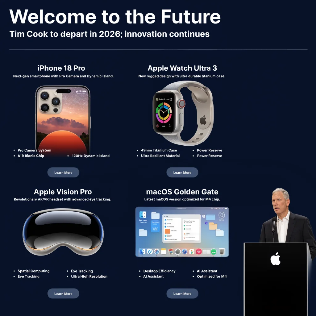 Tim Cook announcing his 2026 departure while showcasing new Apple products like iPhone 18 Pro, Apple Watch Ultra 3, Apple Vision Pro, and macOS Golden Gate.