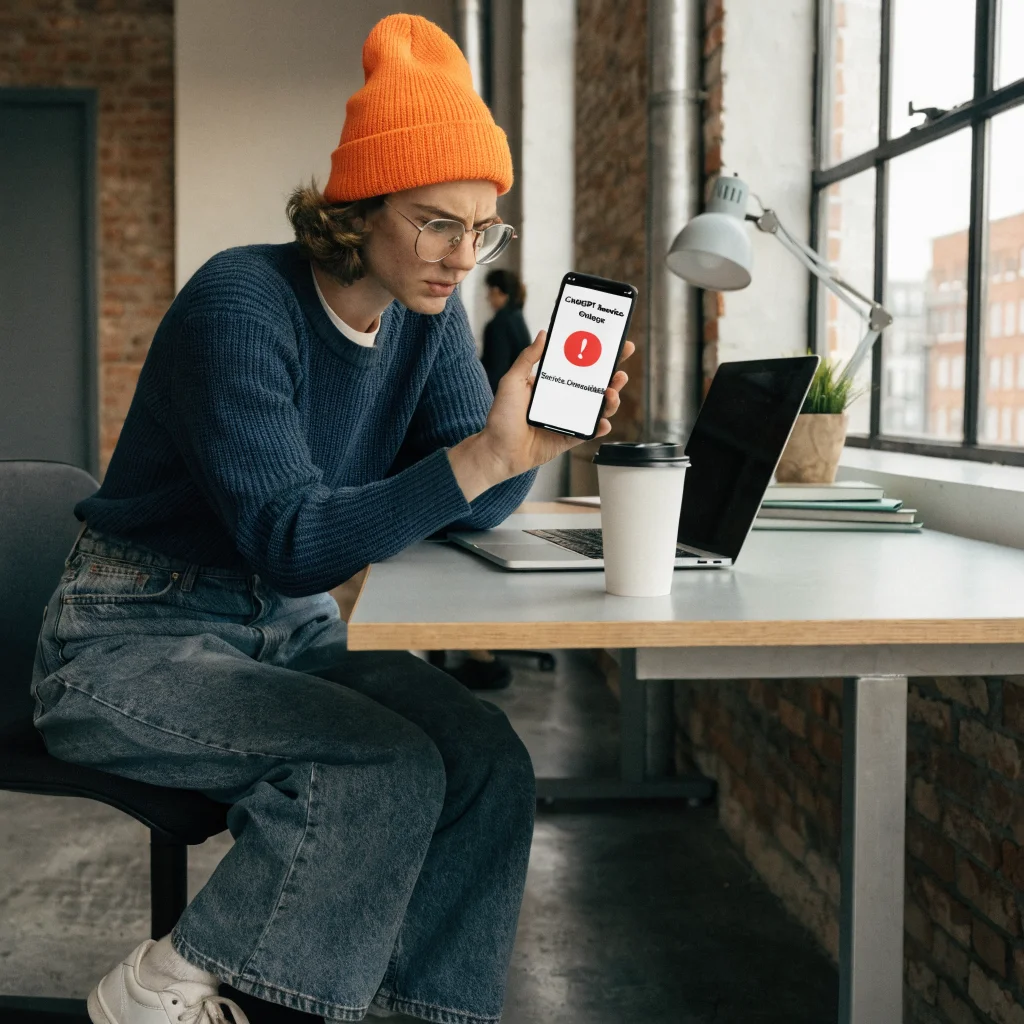 A realistic photo of a frustrated user experiencing ChatGPT service outage on a mobile device in a modern office environment.