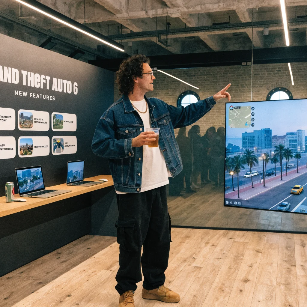 A realistic photo of a video game developer revealing new features and activities of Grand Theft Auto 6 in a modern studio.