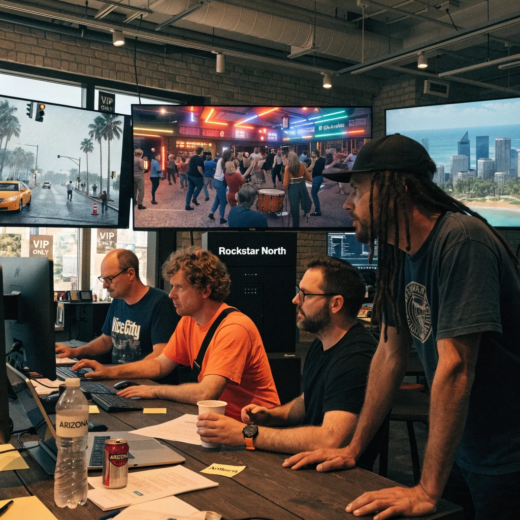 A realistic photo of Rockstar North developers working on GTA 6 in a modern studio, showcasing NPC animations and satirical themes inspired by Miami's Vice City and American culture.