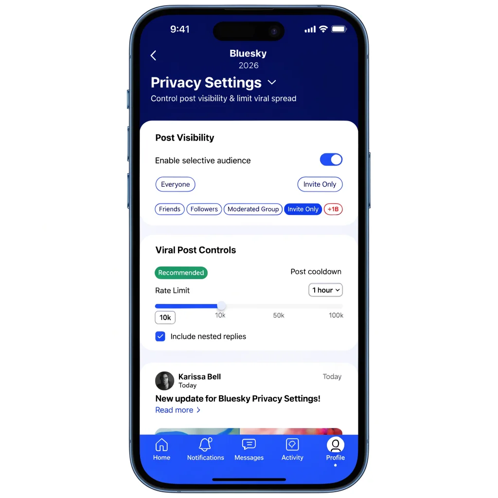A smartphone screen displaying Bluesky's 2026 privacy settings interface focused on controlling post visibility and limiting viral spread, with Karissa Bell's announcement visible.