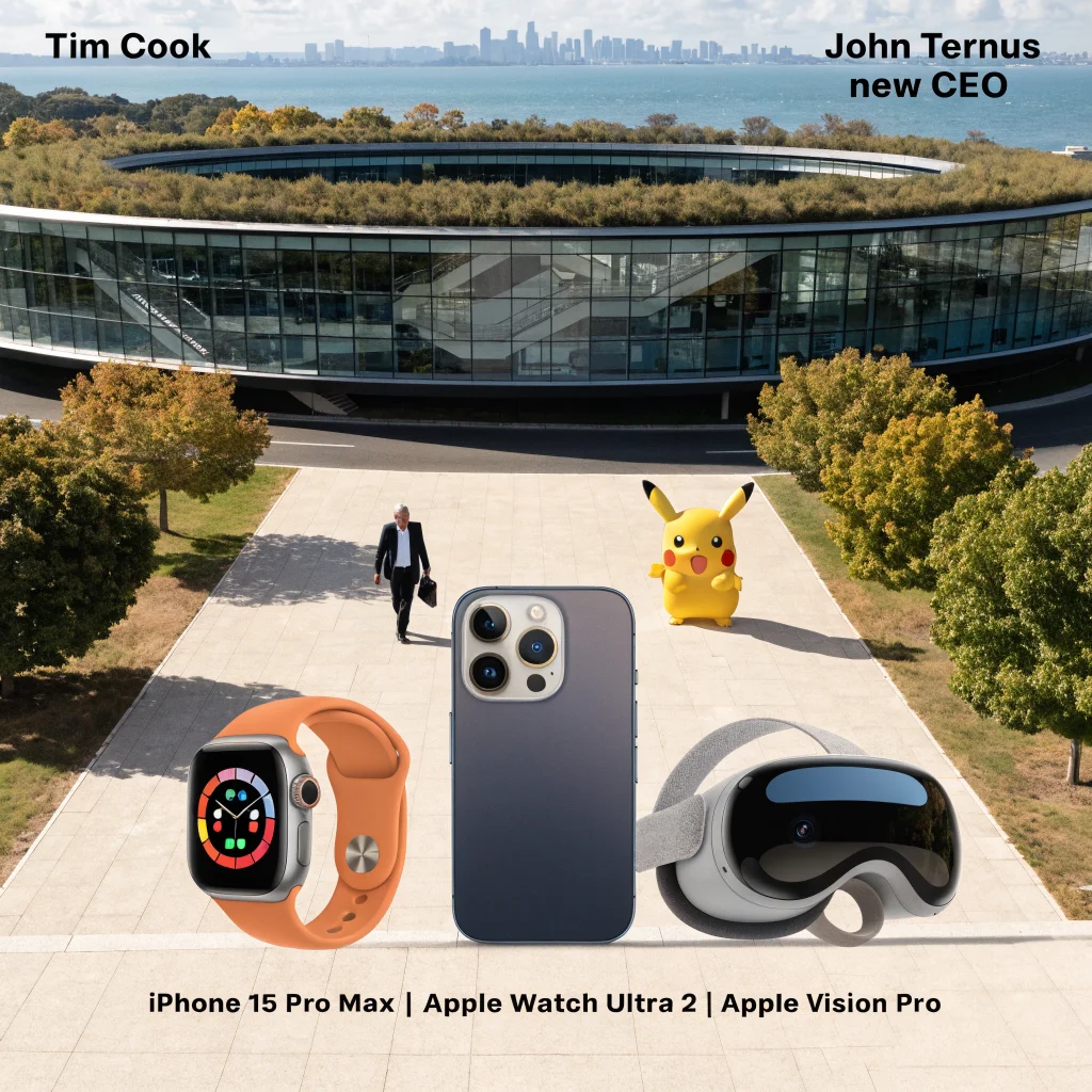 A realistic photo showing Apple Park with a Pikachu figure, Tim Cook leaving, John Ternus announced as new CEO, and new Apple products displayed.
