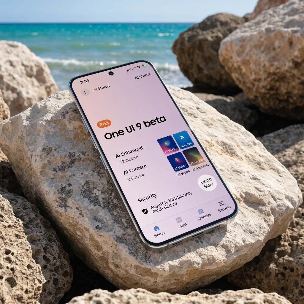 A realistic photo of a Samsung Galaxy S26 smartphone displaying the One UI 9 beta interface with AI features, highlighting an August 5, 2026 security patch update.