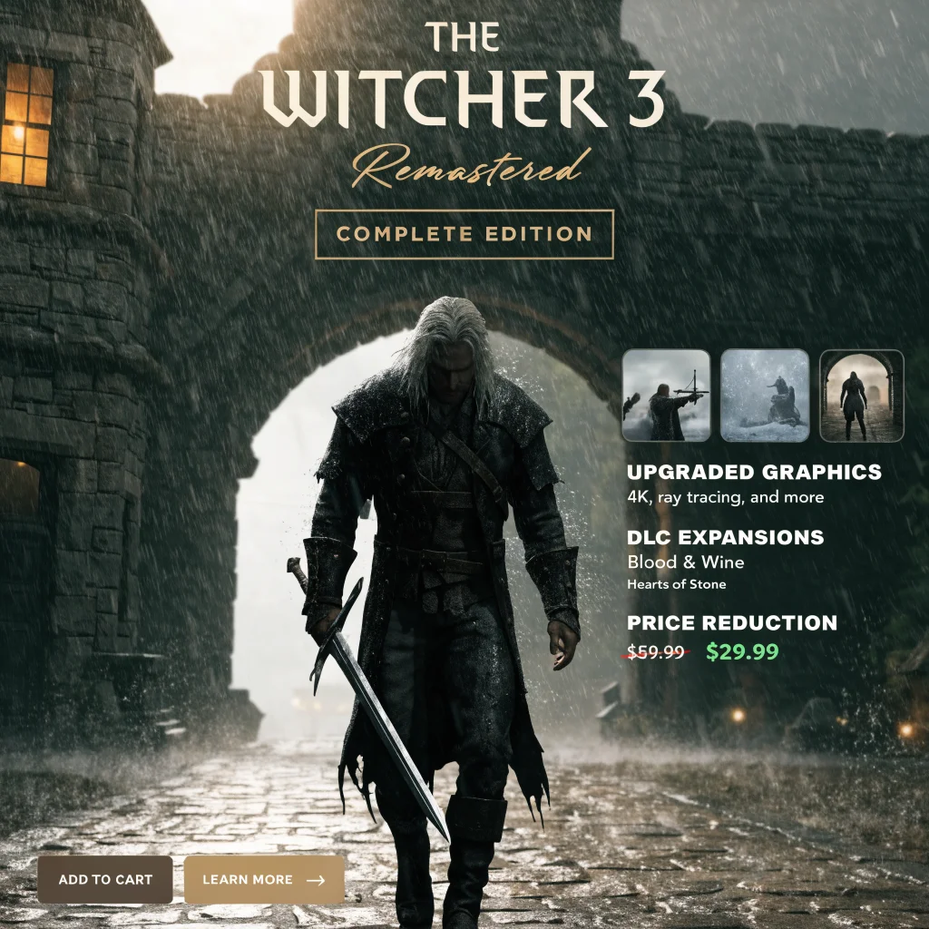 A realistic photo of a digital game storefront showcasing The Witcher 3 Remastered Complete Edition with price changes, DLC expansions, and upgraded graphics features.