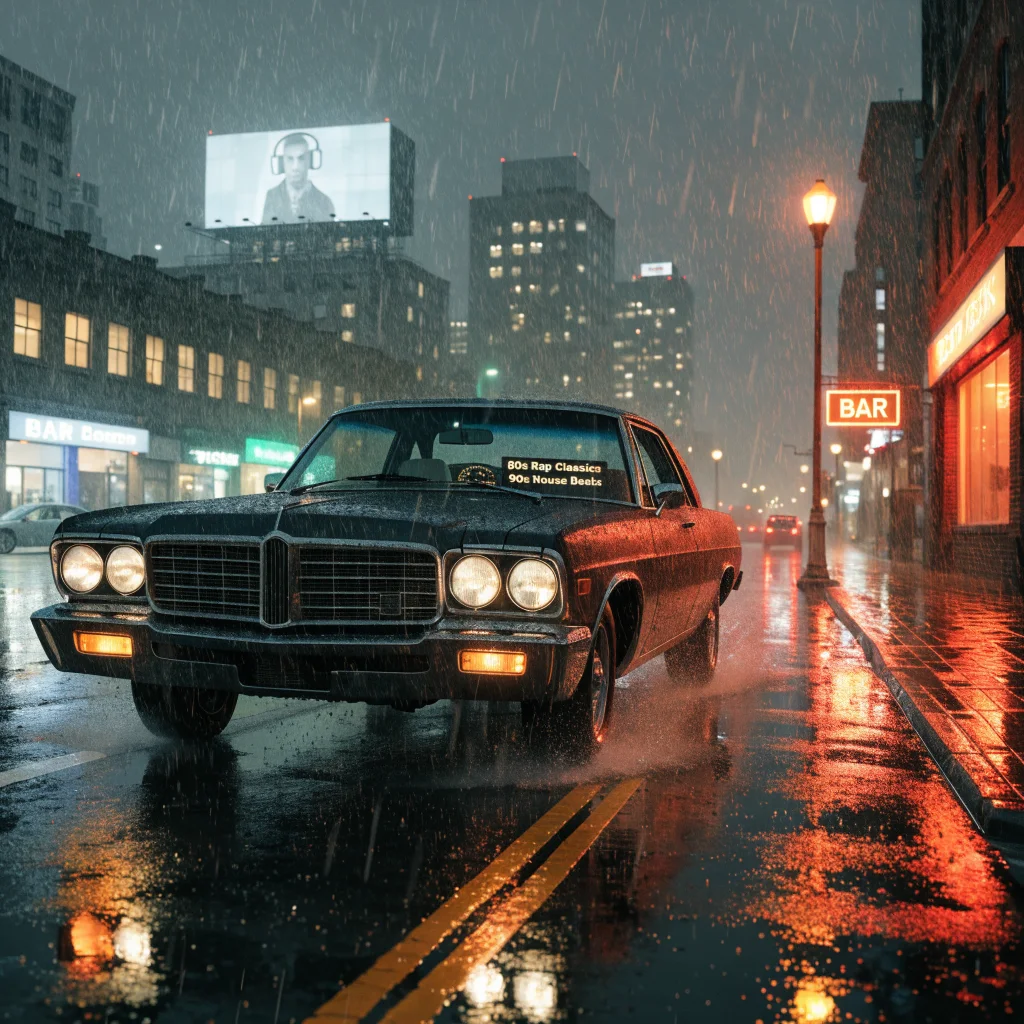 A realistic photo of a vintage car driving through neon-lit Vice City streets with a radio displaying classic 80s and 90s song titles from GTA 6 soundtrack.