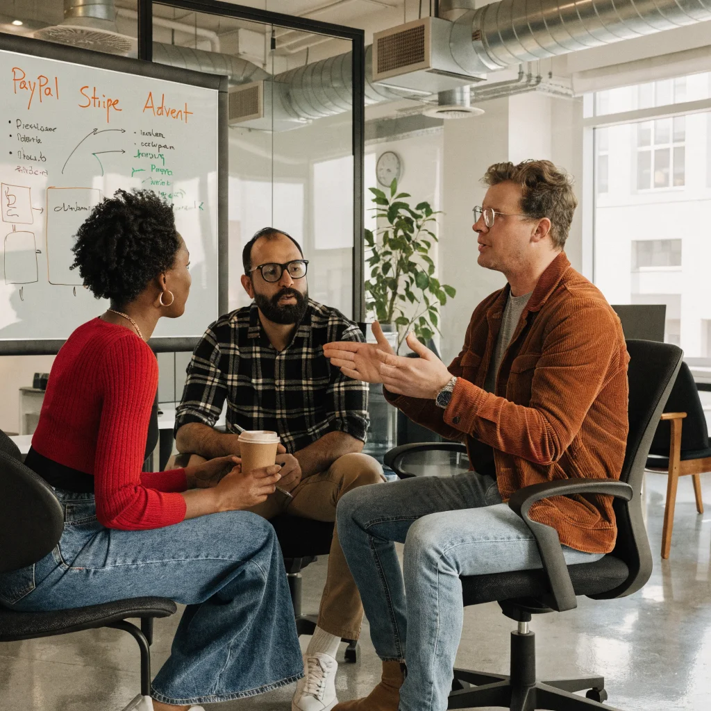 A realistic photo of business professionals discussing a financial technology merger involving PayPal, Stripe, and Advent in a modern office setting.