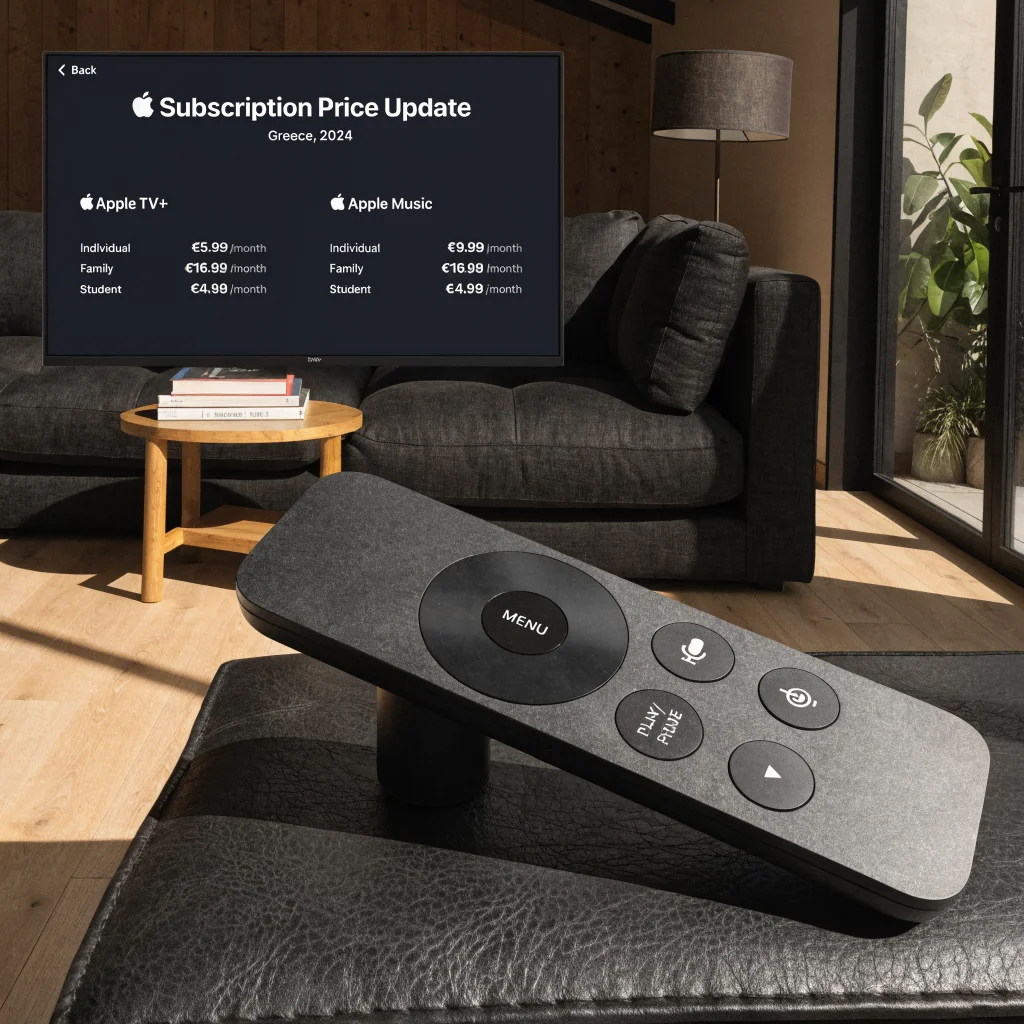 A clear photo of an Apple TV remote and a screen showing updated Apple TV and Apple Music subscription prices in Greece for 2024.