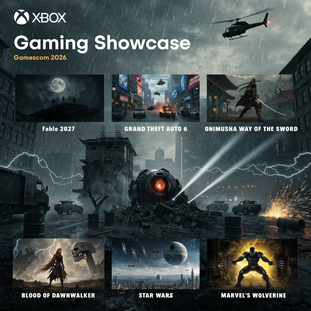A dynamic gaming event at Gamescom 2026 showcasing Fable 2027, Grand Theft Auto 6, Onimusha Way of the Sword, Blood of Dawnwalker, Star Wars, and Marvel's Wolverine on Xbox.
