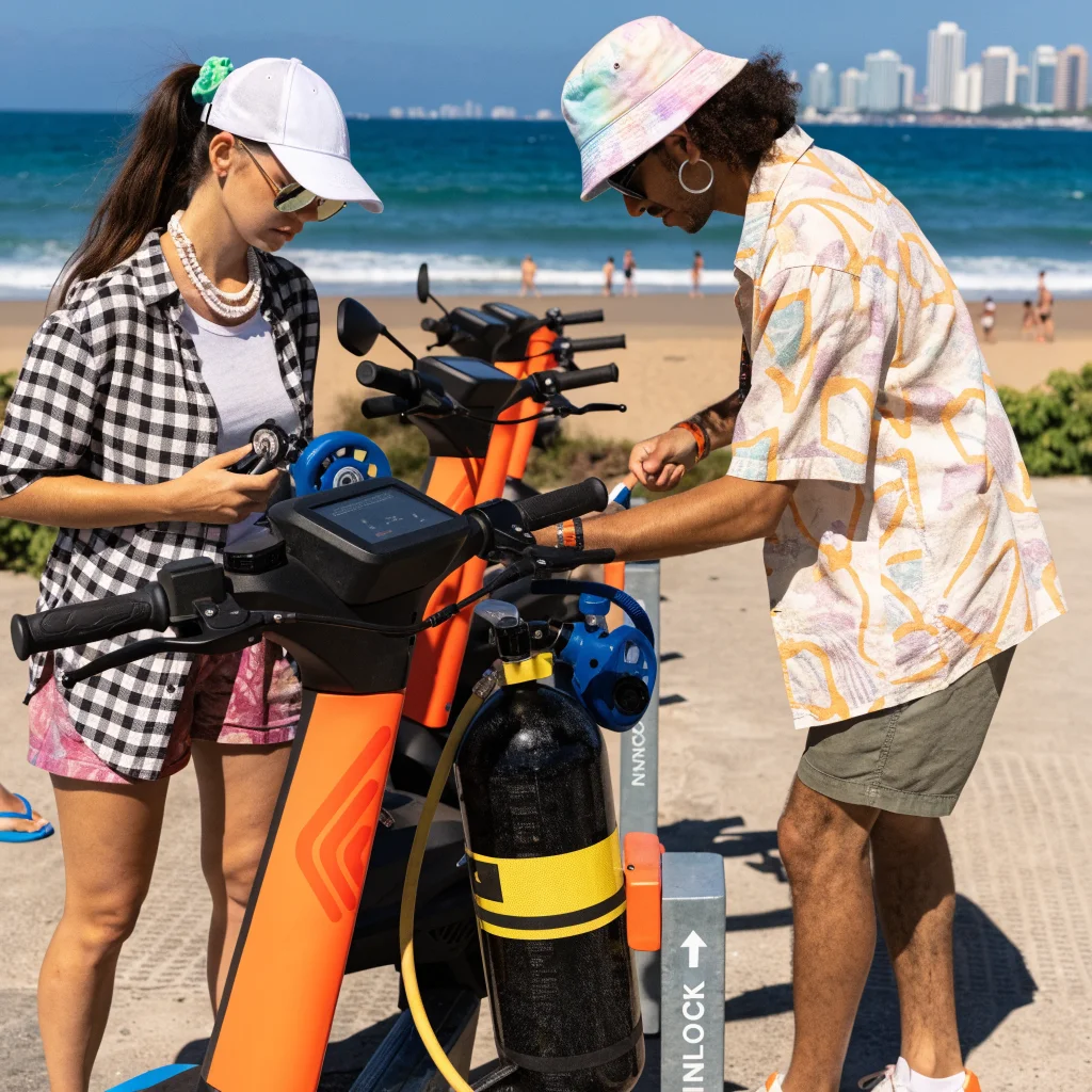 A realistic photo of a man and a woman renting electric scooters and preparing for scuba diving near a beach in a cityscape setting.