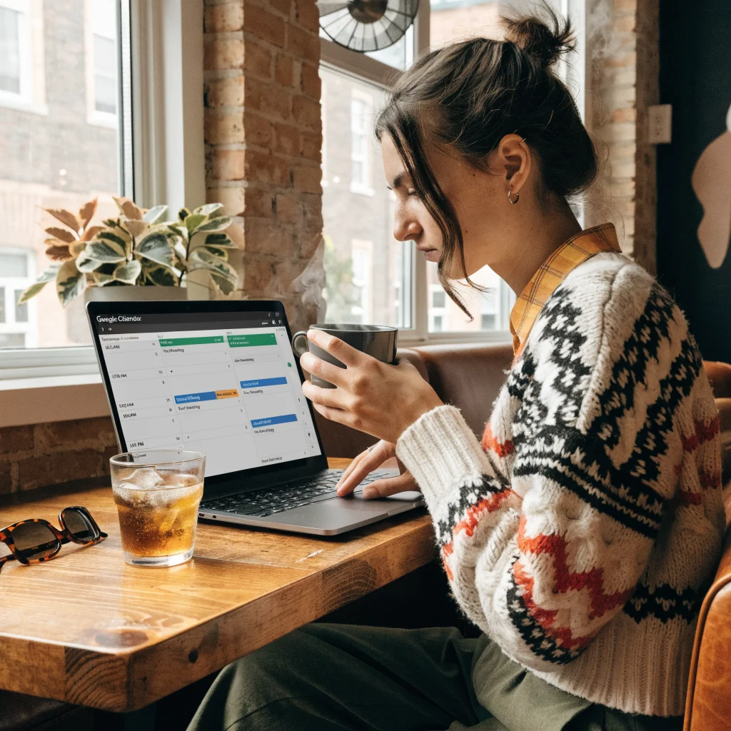 A person using Google Calendar on a laptop, managing meeting invites, RSVPs, and automated email responses for work and personal accounts.