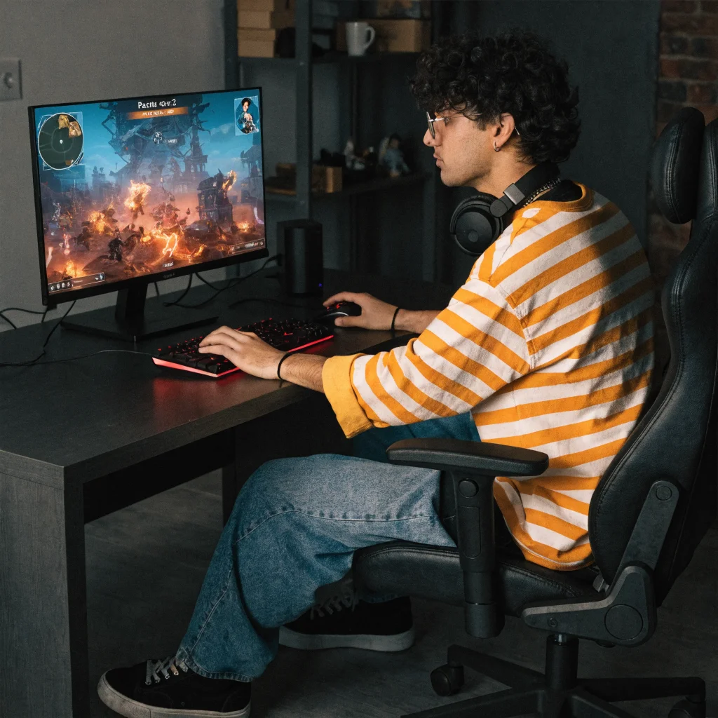 A realistic photo of a gamer intensely playing Path of Exile 2 during the Trial of Chaos event league, showcasing action RPG endgame gameplay.