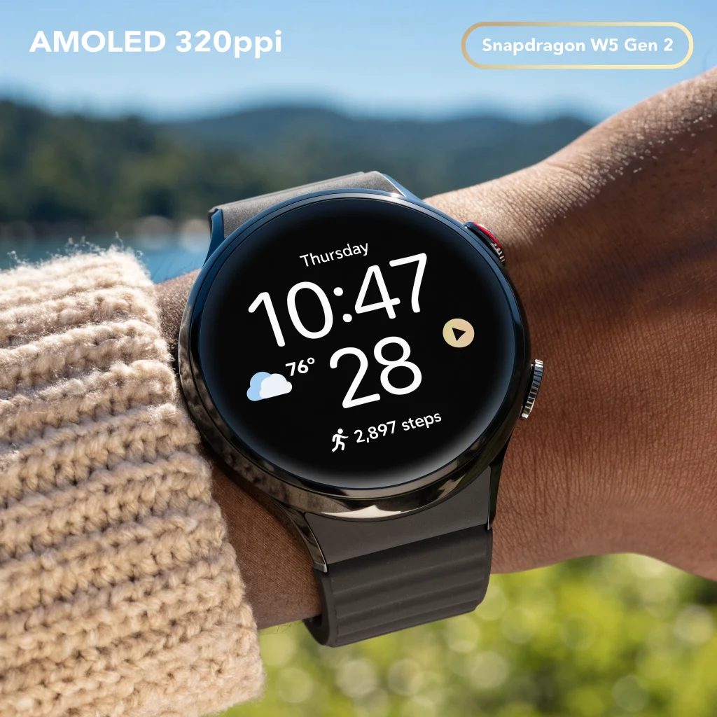 A close-up photo of the Pixel Watch 5 showcasing its sleek design, AMOLED 320ppi display, and a Snapdragon W5 Gen 2 processor badge.