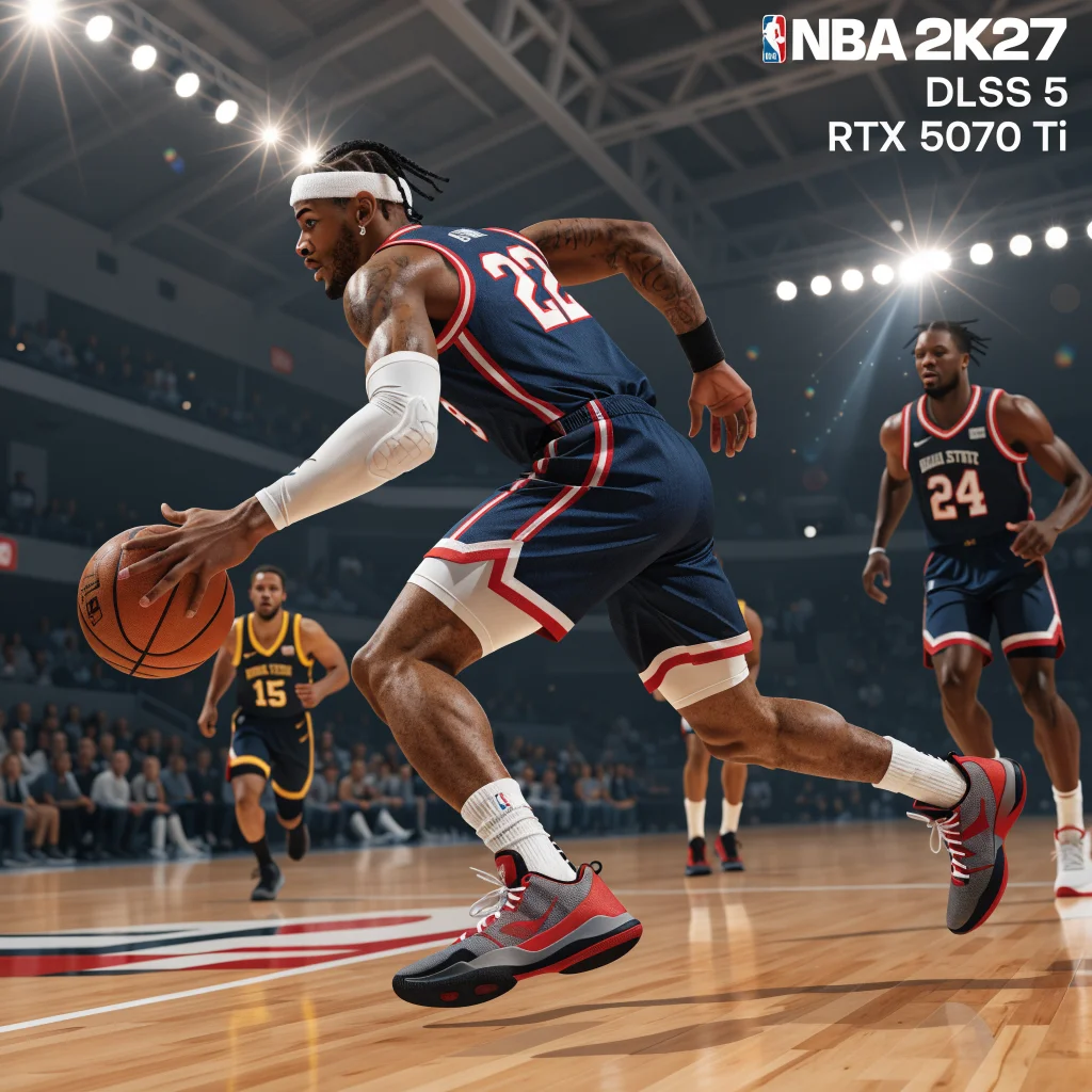 A realistic screenshot of NBA 2K27 gameplay showcasing NVIDIA DLSS 5 enhancing character photorealism and performance on RTX 5070 Ti GPU.