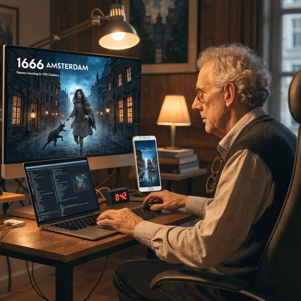 A realistic photo of Patrice Désilets working with AI technology to develop the 1666 Amsterdam mystery game featuring character Noa and demon hunting in 17th century Amsterdam.