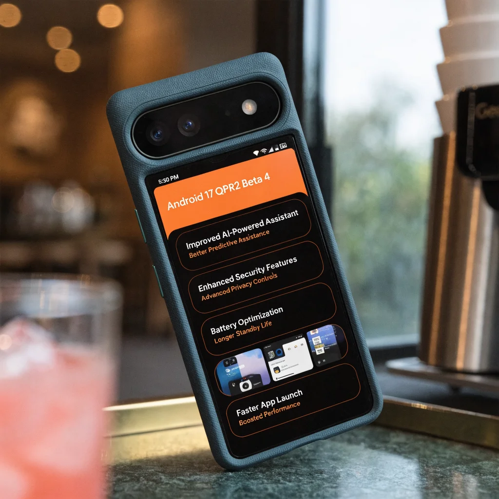 A close-up photo of a Google Pixel 6 Pro smartphone displaying the Android 17 QPR2 Beta 4 update screen with new features highlighted.