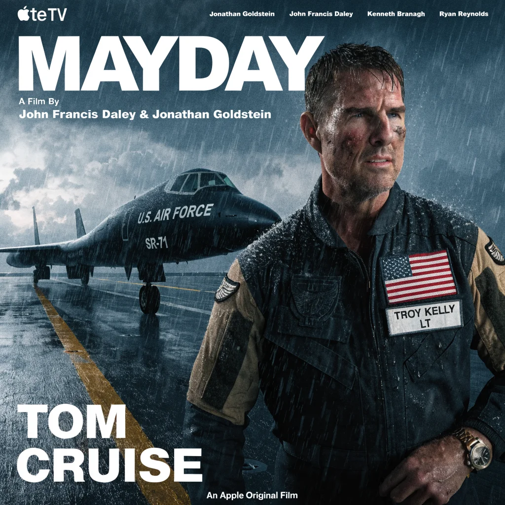 A realistic movie poster featuring Tom Cruise as Lieutenant Troy Kelly from Mayday, with a Lockheed SR-71 Blackbird and cinematic credits for Jonathan Goldstein, John Francis Daley, Kenneth Branagh, and Ryan Reynolds, promoting the Apple TV premiere.