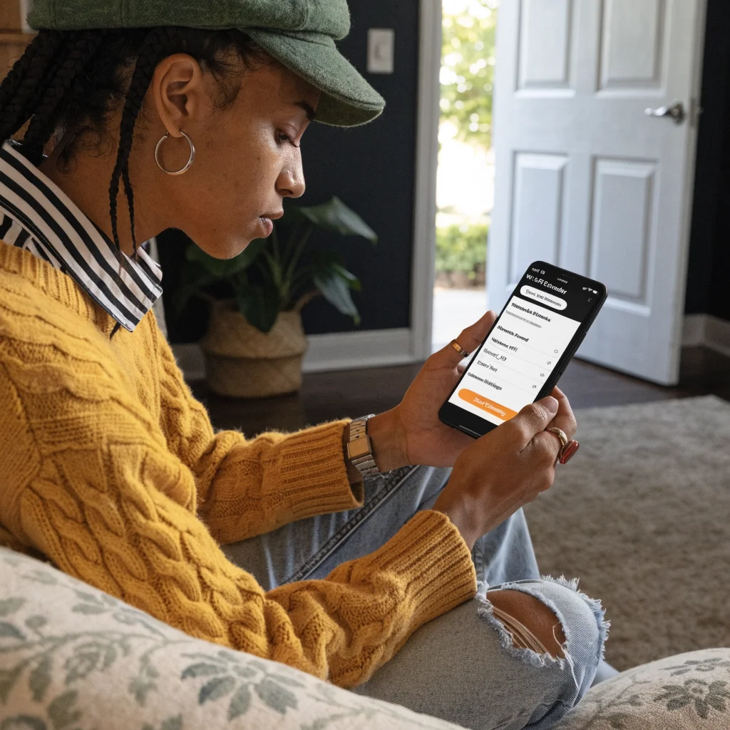 A person setting up an old Android phone as a Wi-Fi extender to improve home network coverage and eliminate dead zones.