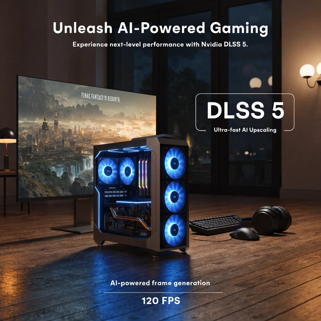 A realistic photo of a high-end gaming PC showcasing Nvidia DLSS 5 technology enhancing Final Fantasy 7 Rebirth graphics with AI upscaling.