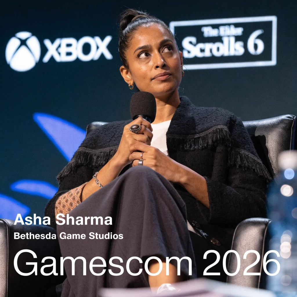 Asha Sharma from Bethesda Game Studios discusses The Elder Scrolls 6 development on Xbox at Gamescom 2026 with background Xbox console and game logos.
