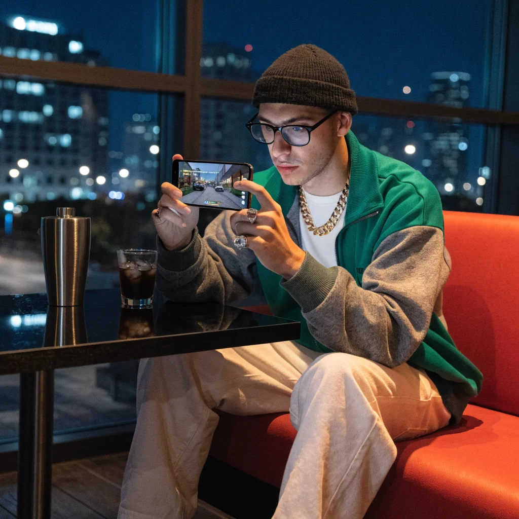 A realistic photo of a gamer playing extended GTA 6 gameplay featuring new story choices and advanced carjacking mechanics on a mobile gaming platform.