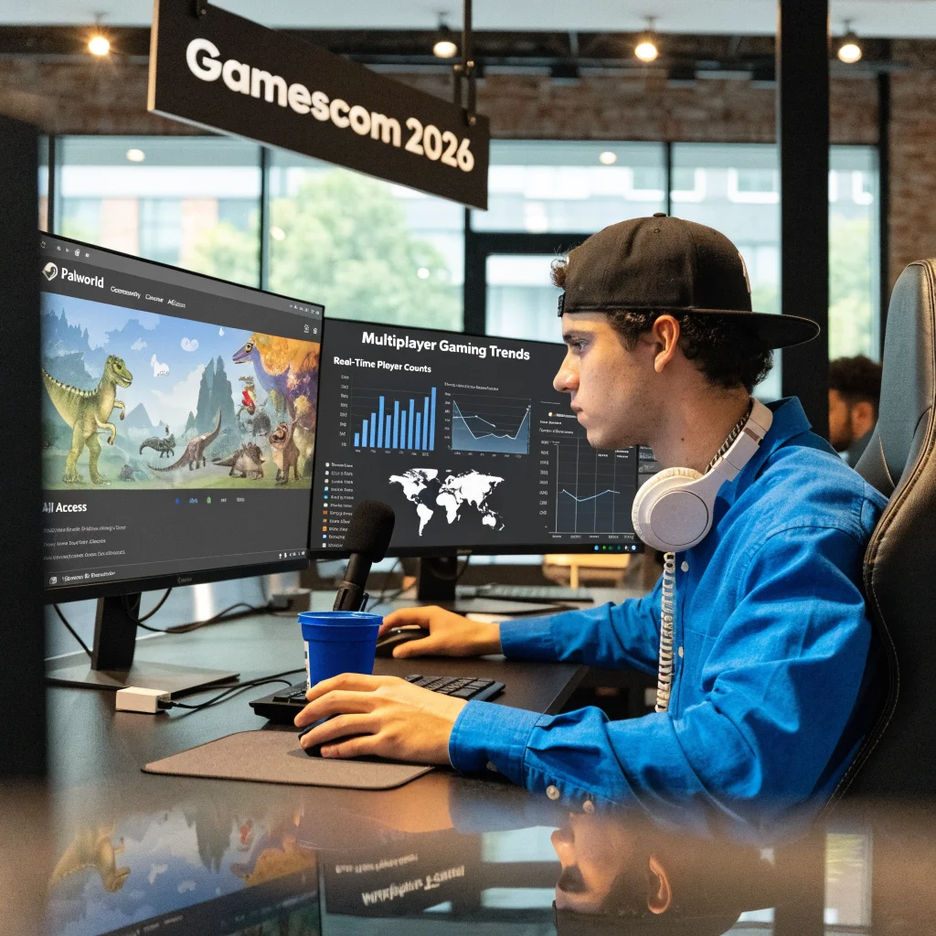 A realistic photo of a PC gamer analyzing Palworld Steam player statistics and multiplayer gaming trends during Gamescom 2026.