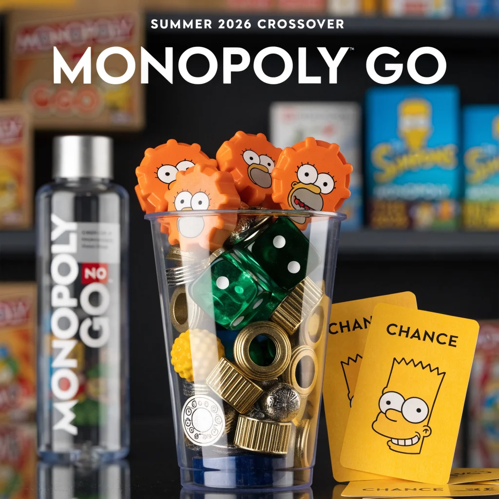 A realistic photo of Monopoly Go game featuring new Simpsons characters and themed chance cards in a summer 2026 crossover collaboration.