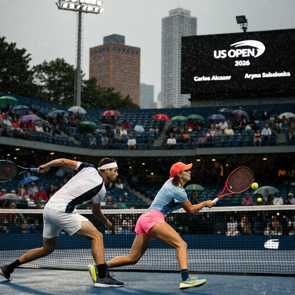 A realistic photo of the Billie Jean King National Tennis Center in Queens, New York, showing live coverage of the 2026 US Open featuring players Carlos Alcazar and Aryna Sabalenka.