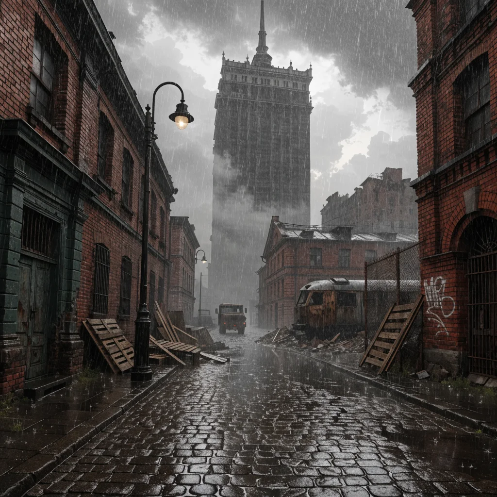 A realistic photo of post-apocalyptic Moscow with Metro 2039 game elements, featuring a dark atmosphere reflecting war consequences and moral choices from 4A Games.