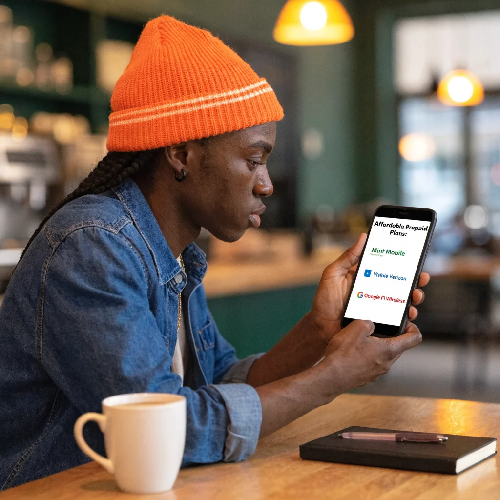 A person comparing affordable prepaid mobile plans from MVNOs like Mint Mobile, Visible Verizon, and Google Fi Wireless on a smartphone screen.